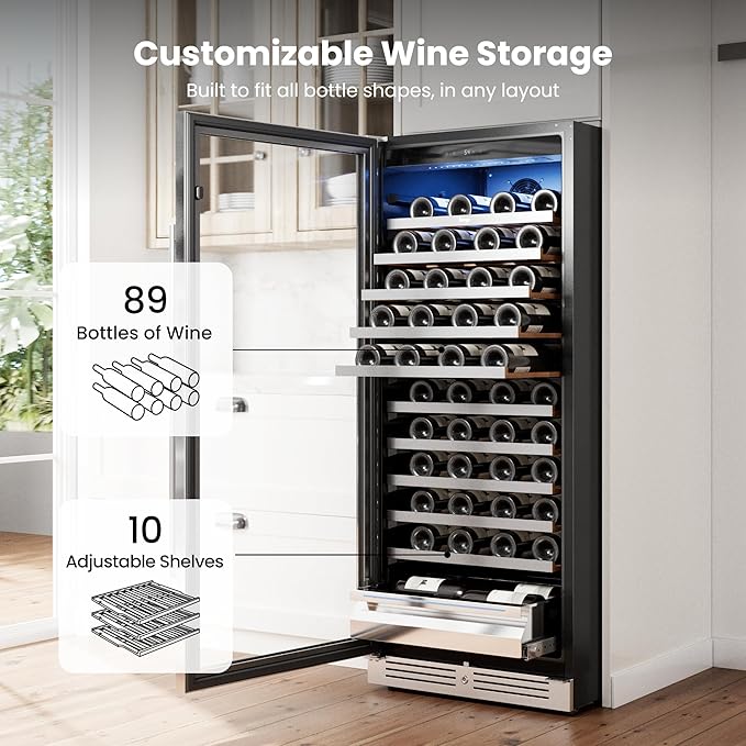Yeego 24 Inch Wine Fridge Cooler - 89 Bottles Wine Cooler with Glass Door, 40-65℉ Built-In or Freestanding Wine Refrigerator with Door Lock and 2 Color LED for Kitchen Bar Office (Left-Hinged)