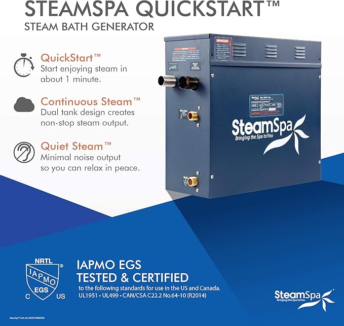 SteamSpa 9kW Steam Sauna Generator Premium Bundle 240V Steam Generator with Touch Pad Control, Steamheads, Pressure Relief Valve, Built-in Auto Drain and Plumber Quick Install Kit PRT900BN-A