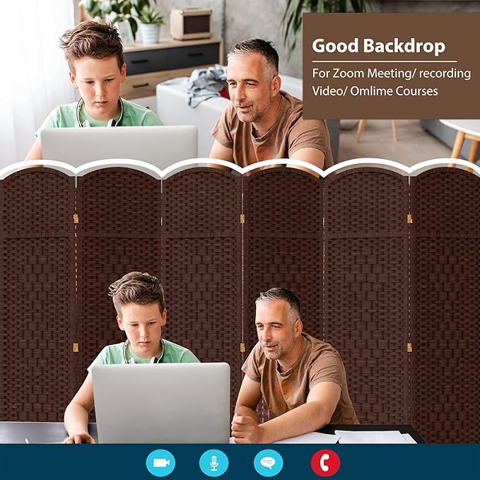 Duraspace 6 Panels Room Divider 6 FT Tall Weave Fiber Freestanding Double Hinged Extra Wide Folding Screen for Patio Privacy (Brown)