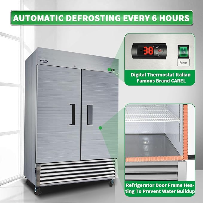 54" W Commercial Reach-In Upright Refrigerator - Double Doors Stainless Steel Fridge, 49 Cu.ft Capacity, 6 Adjustable Shelves, Auto Defrost, Digital thermostat control, LED Lighting