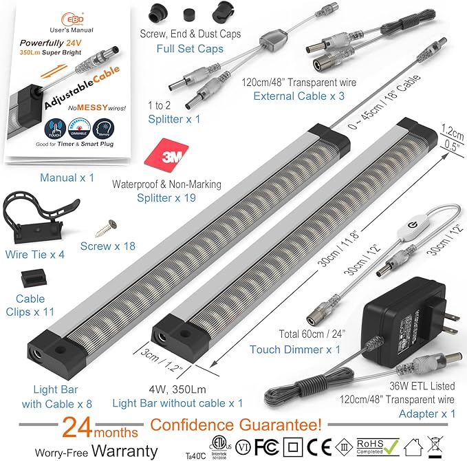EBD Under Counter Lights Touch LED Under Cabinet Lighting Built-in 18” Adjustable Cable, Splitter & 3 External Cable, 9 Pcs 3000K Warm White 3150Lm Kitchen Under Cabinet Lights