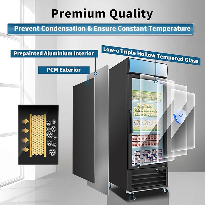 27" Commercial Upright Freezer with 1 Glass Door, 19 Cu.Ft Display Freezer, -8~-1℉, Reach-in Fan Cooling Freezer with 4 Shelves & LED Top Panel for Restaurant Diner Bar, ETL Approved
