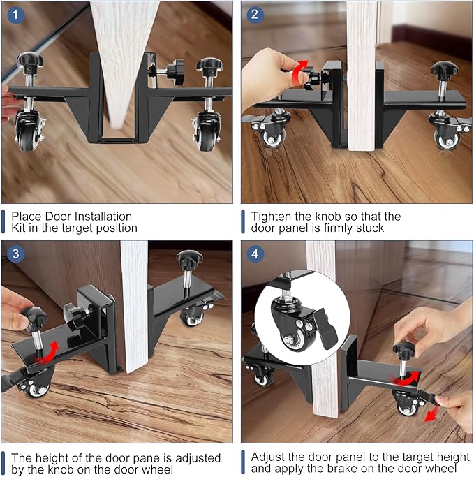 Industrial Black Alloy Steel Door Installation Tool, 4-Caster Wheels, 500 Pound Load Capacity, Adjusts 1.2" to 2.1" Thick Doors