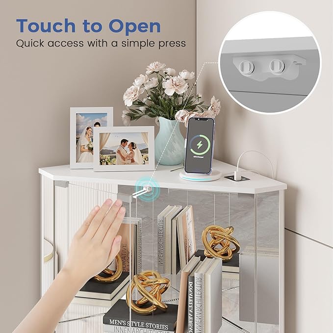 Corner Display Cabinet Set of 2 with Glass Doors, Small Display Case with 3-Color LED Lights and Charging Station, 2-Tier Curio Cabinet with Storage and Shelf, White