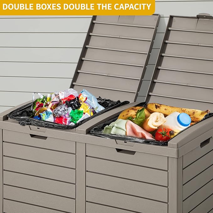 DWVO 76 Gallon Outdoor Resin Trash Can with Dual Lid and Drip Trays, 248 Quart Hideaway Garbage Bin for Porch, Backyard, Deck, Patio, Poolside, Easy Maintenance, 30.7''L x 16.3''W x 33.9''H (Taupe)
