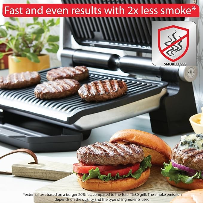 T-Fal OptiGrill Stainless Steel XL Electric Grill, 6 Servings, 9 Intelligent Automatic Cooking Modes, Panini Press, 1800 Watts, Nonstick Removable Plates, Indoor, Frozen Food, Kitchen Appliances