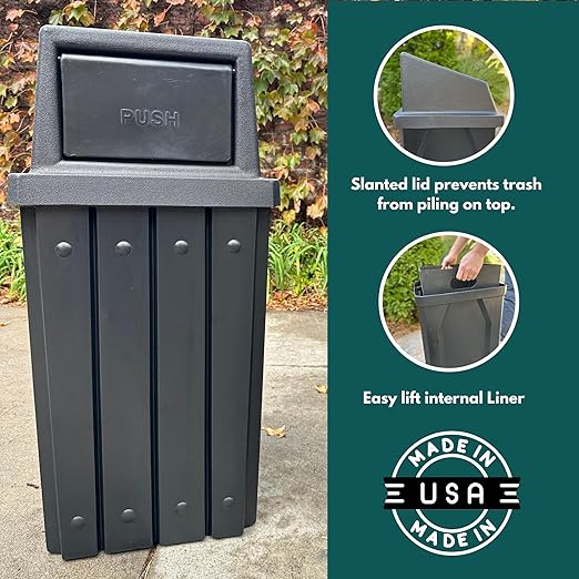 Campus Collection 32 Gallon Square Slatted 100% Recycled Plastic Heavy-Duty Commercial Outdoor or Indoor Trash Can with Push Top Lid | Great for Schools and Businesses - Blue
