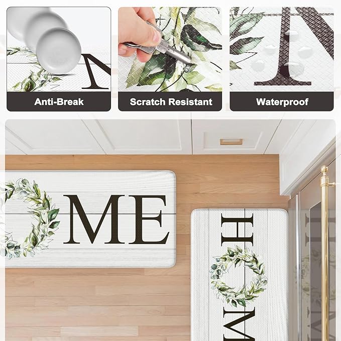 KIMODE Farmhouse Kitchen Mat 2PCS Anti Fatigue Kitchen Rugs Non-Skid Waterproof Kitchen Floor Mat Cushioned Comfort Standing Mat for Office,Laundry,Sink,Home