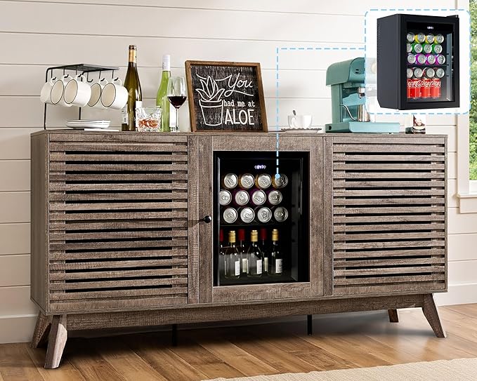 60" Farmhouse Coffee Bar Cabinet with Beverage Fridge (Included), Wine Bar Cabinet with Drawer Storage, Mini Fridge Cabinet, Sideboard Cabinet for Dining Room, Living Room-Brown