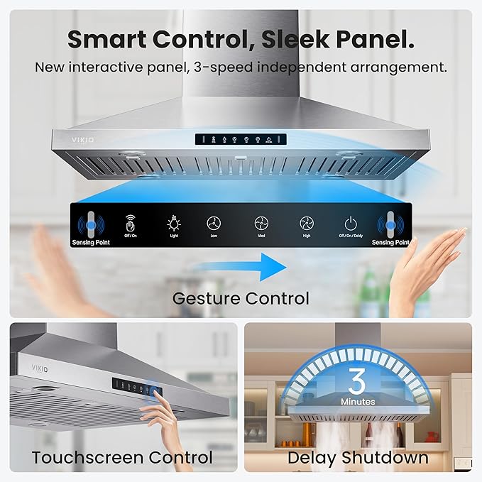 30 Inch Island Range Hood, 390 CFM kitchen Hood with Dual-Sided Touch/Gesture Control, Convertible Ducted/Ductless, Ceiling Mount, 3 Stainless Steel Baffle Filters, 3-Speed Fan