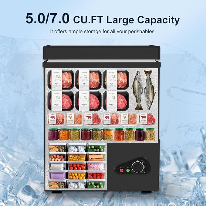 TABU 7.0 Cubic Feet Chest Freezer, Compact Top Opening Deep Freezer with 7 Level Adjustable Thermostat & Removable Basket, Low Noise, Freestanding (Black, 7.0 Cu.Ft.)