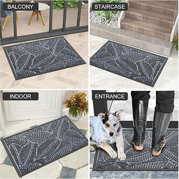 Colorxy Waterproof Doormat, Sturdy Natural Rubber Front Indoor Mat, Non Slip Low Profile Indoor Outdoor Door Mats, Stain and Fade Resistant Floor Mat, Easy Clean Patio Entrance Mat, 30''x17'', Grey