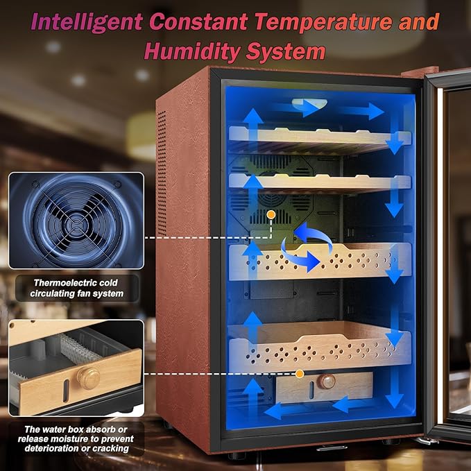 Electric Humidor with Leather-70L Cooling & Heating Humidor Cabinet, Smart Touch Control Humidity & Temp, Humidors wtih Spanish Cedar Wood Tray Digital Display, Safety Lock, Desktop Gift for Men