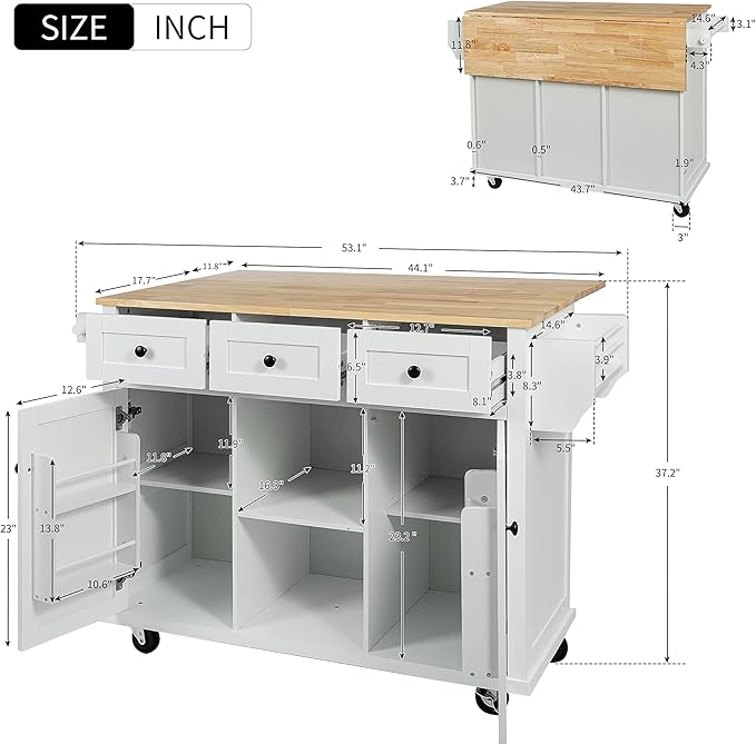 Favfurish Kitchen Island with Drop-Leaf Countertop, Internal Storage Cabinet Racks, Rolling Kitchen Cart on 5 Wheels with Open Shelves and 3 Drawers, Spice Holder, for Dining Room, White