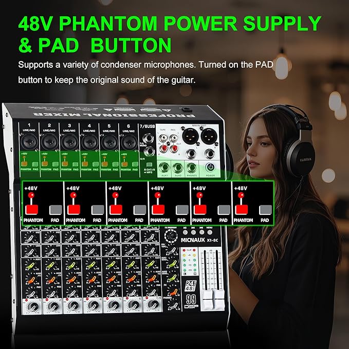 Audio Mixer 8 Channel Professional Sound Mixer Console with 99 DSP Effects, Mixing Board DJ Mixer w/USB, Bluetooth, 48V Power Supply, PAD Button for Recording Karaoke PA Drum Live Music