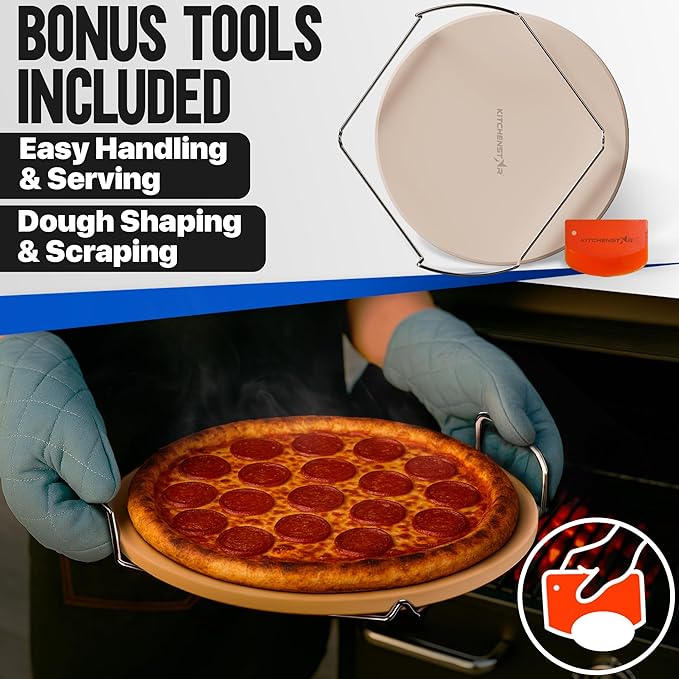 KitchenStar 16-inch Pizza Stone for Oven and BBQ Grill with Handles, Round, 5/8" Thick - Natural Cordierite, 1800 °F Resistant, Baking Stone Set with Stainless Steel Rack & Plastic Scraper Tool