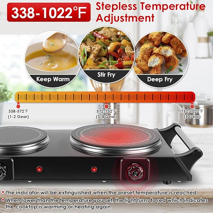 1800W Electric Double Burner, Portable Electric Stove, Hot Plate Countertop with Adjustable Temperature & Stay Cool Handles for RV Camping Home Dorm