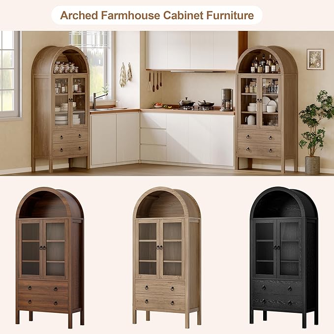 71'' Tall Arched Cabinet, Arched Kitchen Pantry Cabinet with Doors, Wood Arch Storage Cabinets Bookcase with 2 Large Drawers and Adjustable Shelves, Versatile Cupboard for Living Room, Natrual