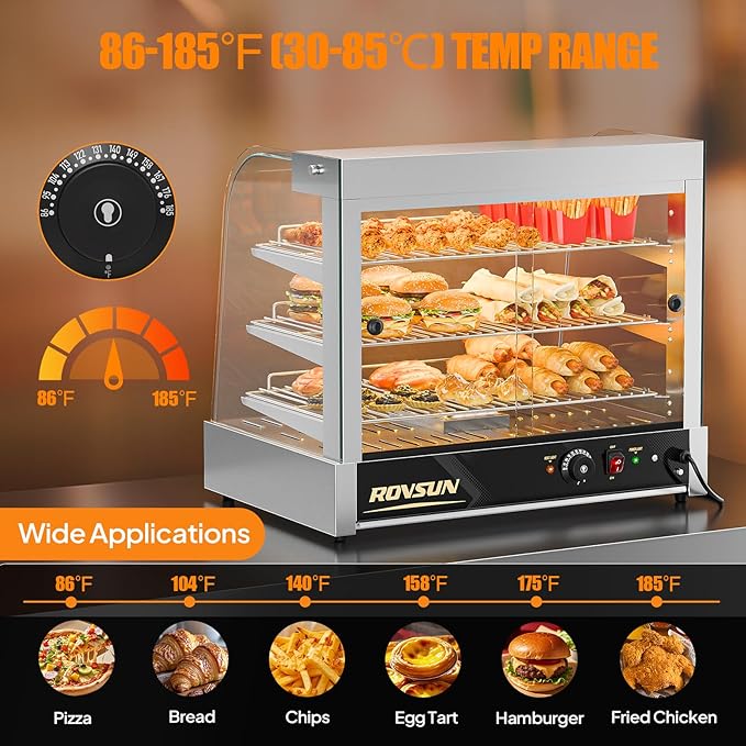 ROVSUN 26" Commercial Food Warmer Display Pizza Warmer, 3-Tier Electric Countertop Food Warmer w/LED Lighting Adjustable Removable Shelves Glass Door, Pretzel Warmer for Buffet Restaurant, Silver