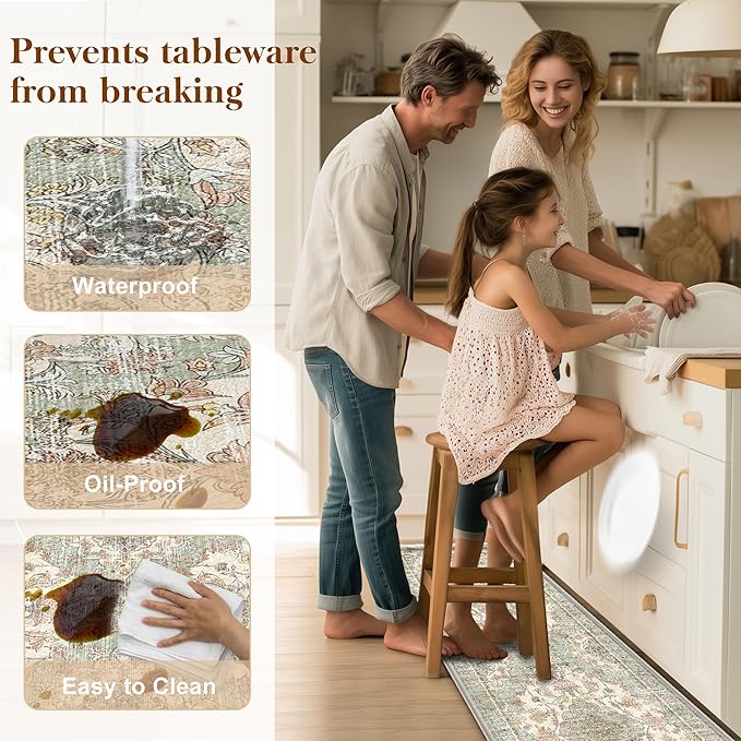 Boho Kitchen Mats for Floor 2 Piece Set Anti Fatigue Cushioned PVC Kitchen Rugs Non Slip Waterproof Farmhouse Mats 2/5 Inch Comfort Standing Mat for Sink, Laundry, 17.3"x59"+17.3"x28", Green Beige