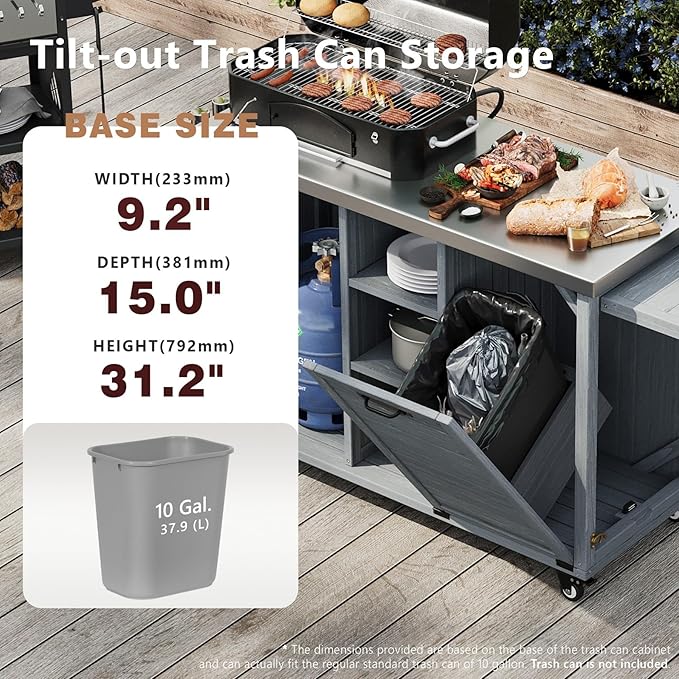 78.3" Outdoor Kitchen Island with Foldable Grill Table - Wooden Grill Cart with Stainless Steel Top, Trash Can Storage and Adjustable Shelves