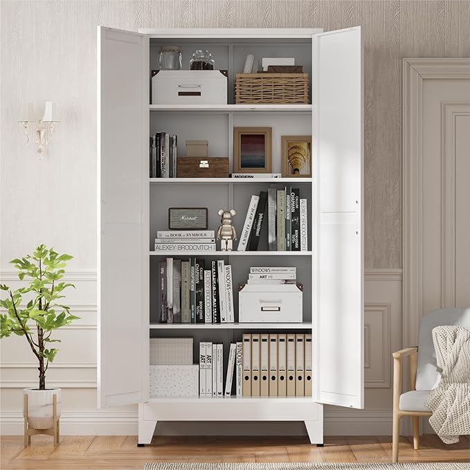 Metal Kitchen Pantry Cabinet,71" White Farmhouse Storage Cabinet with 2 Vintage Barn Doors and 4 Adjustable Shelves, Rustic Freestanding Cupboard for Kitchen,Home Office Living Room,Dining Room