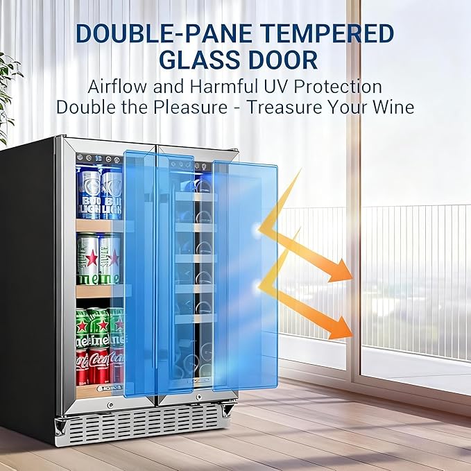 AAOBOSI Upgraded 88 Cans Dual Zone Wine and Beverage Cooler,Built-in and Freestanding,Removable Fashion Wooden Frame,Intelligent Digital Temperatrue Control,Low Noise,Dual Zone 24 Inch 19 Bottles