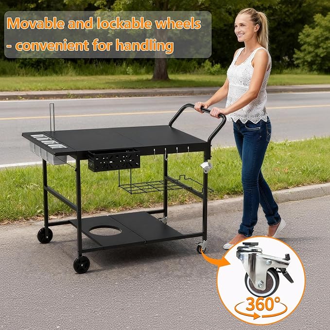 Pizza Oven Table with Topping Station, Outdoor Pizza Oven Cart, Grill Cart Table for Blackstone Griddle, Pizza Prep Station with Storage & Seasoning Tray, for Ninja, Cuisinart, Gozney