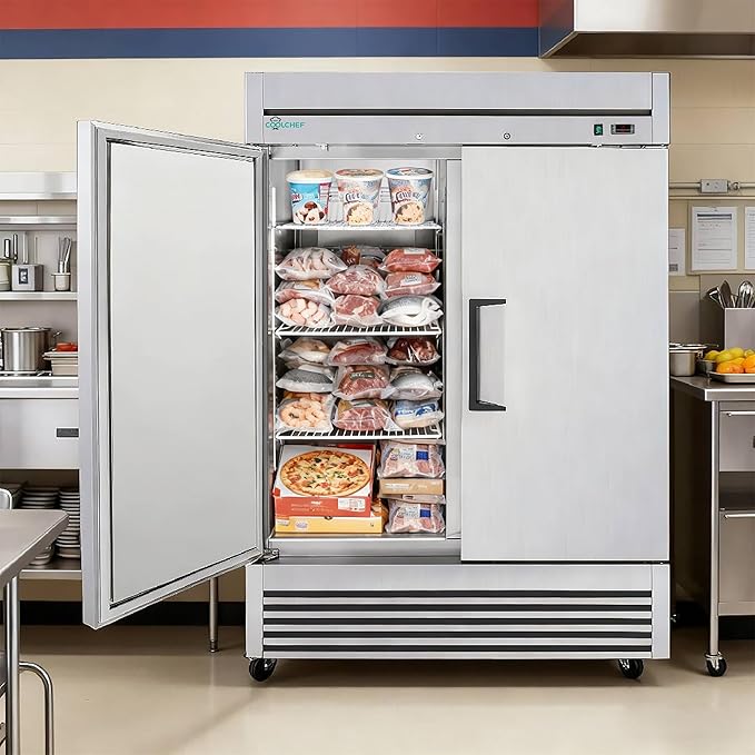 COOLCHEF 54"Commercial Freezer, 49 Cu.Ft Double Door Stainless Steel Reach-In Freezer, -8~0℉, Air Cooling, 6 Shelves, R290, ETL