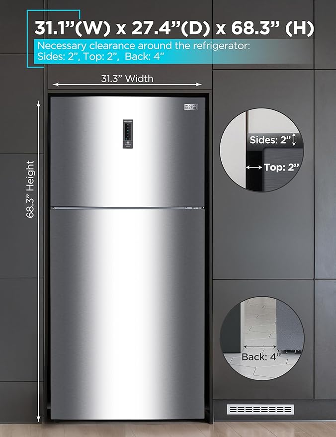 BLACK+DECKER 16.4 Cu. Ft. Top Mount Refrigerator with Freezer, 2 Door Refrigerator with Top Freezer and Separate Temperature Controls, Auto Defrost, Full Size, BR1640KS, Stainless Steel Look