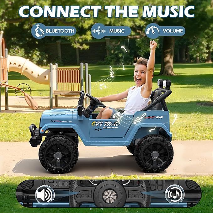 12V Ride On Truck Car with Remote Control, Kids Electric Vehicles with Bluetooth Music, Horn, 3 Speeds, 4 LED Lights, Soft Start, Ride on Toys for Toddler Boys & Girls (Blue)