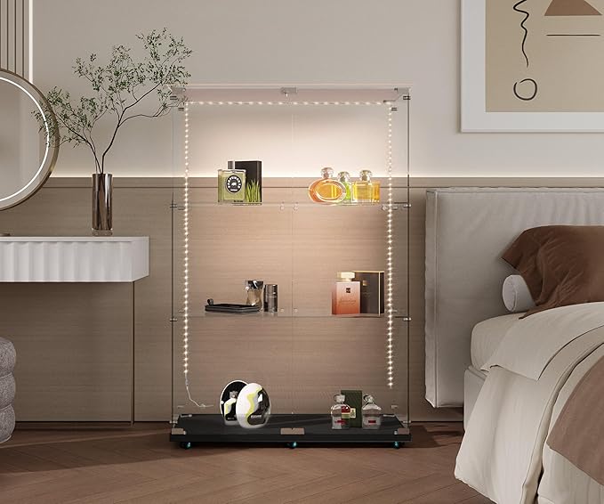 Glass Display Cabinet with LED Light Strip, 3 Shelves with 2 Doors, Glass Top Curio Storage Cabinets with Lock & Caster for Living Room,Floor Standing Bookshelf, Quick Installation - Black