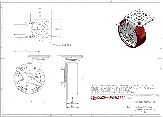 Service Caster Brand Replacement Caster for Uline Caster H-4942SWB - Swivel Top Plate Caster with 6 Inch Polyurethane Wheel and Top Lock Brake - Fits Platform, U-Boat and Panel Trucks H-6126