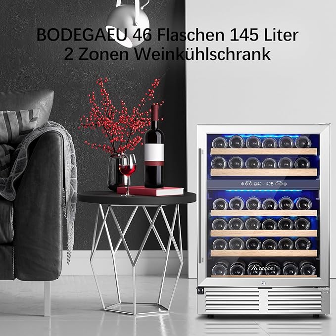 AAOBOSI 24 Inch Wine Cooler,46 Bottle -Dual Zone Built-in or Freestanding with Blue LED Light and Adjustable Shelves for Home,Kitchen or Office.