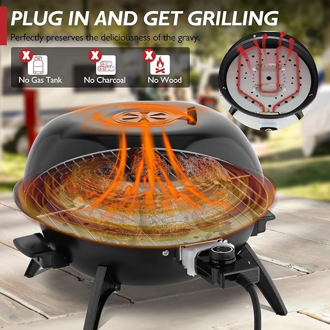 ROVSUN 1600W Tabletop Electric Grill with Temperature Control, Black 304 Stainless Steel Grill w/Double Layer Design, Portable & Removable, Small Stove for Indoor and Outdoor Use