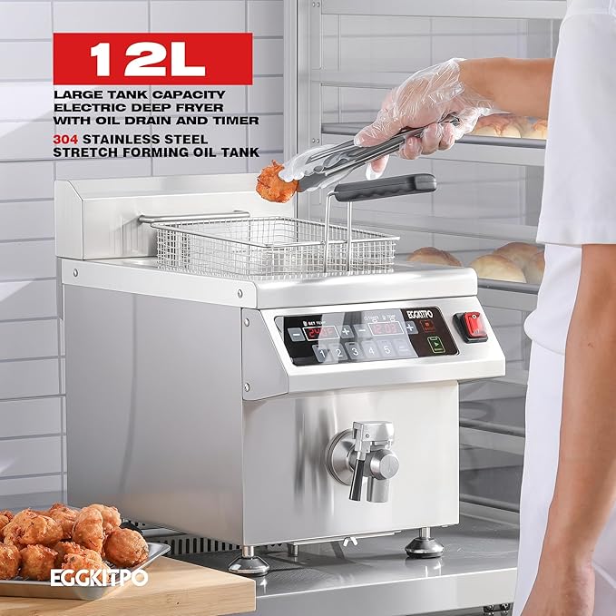 EGGKITPO 12.6 QT Commercial Fryer Induction Fryer with Timer and Drain Electric Deep Fryer with Basket and Lid 12 L Large Countertop fryer for Home Use Kitchen Commercial Business 120V 1800W