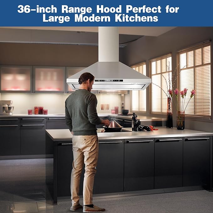 Island Range Hood 36 inch 700 CFM Ceiling Mount Kitchen Hood Vent with Gesture Sensing &Touch Control,Ducted/Ductless Convertible,3 Speeds Fan,4 LED Lights,Stainless Steel,Aluminum Filters