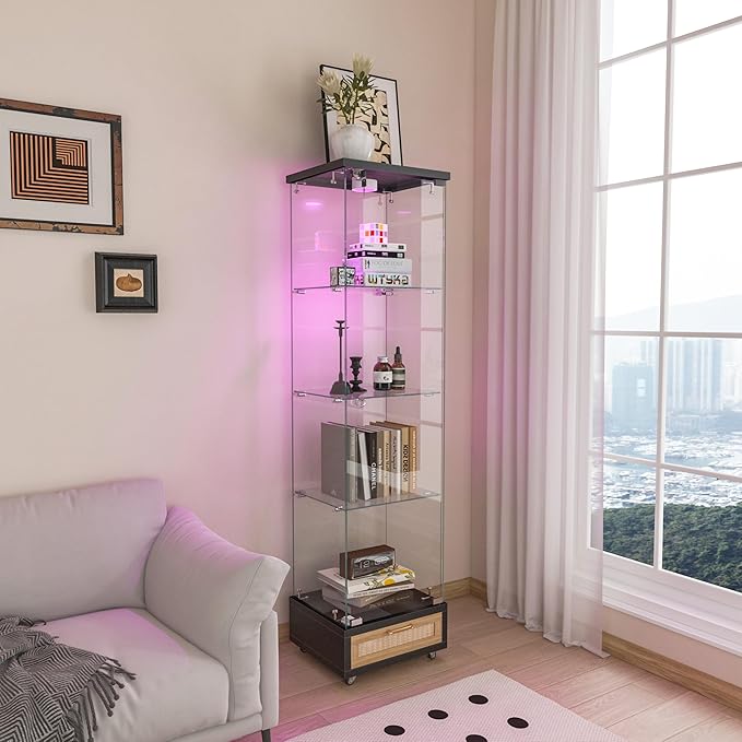 Yoluckea 4 Tiers Glass Display Cabinet with LED Lighting and Drawer, 1 Door Floor Standing Curio Cabinet with Wheel for Home, Office, Corner Display, Black Glass Bookshelf for Collections and Decor