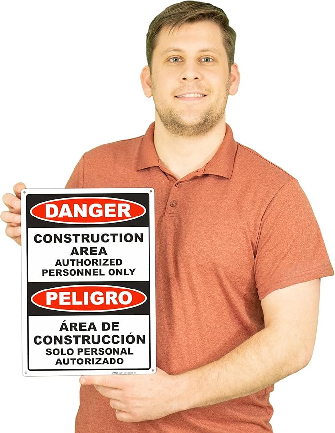 Brimar - 10" x 14" - Bilingual Danger Construction Area Authorized Only Sign - .055″ Polyethylene Plastic - Bilingual Design - Easy Installation