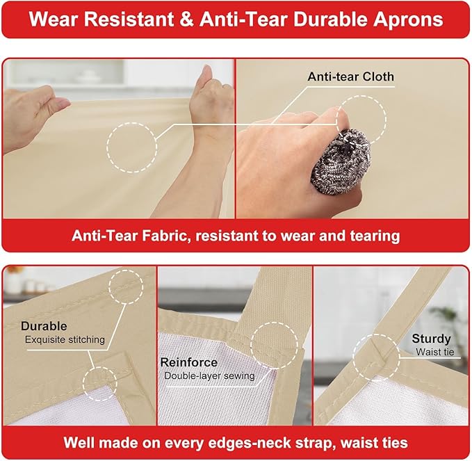 3-Layer Waterproof Apron - Pocket-Free Hygienic Design for Dishwashing & Dog Grooming - Lightweight Durable Protection for messy Kitchen Cooking, Baking, for Men & Women (3 Pack,Beige)