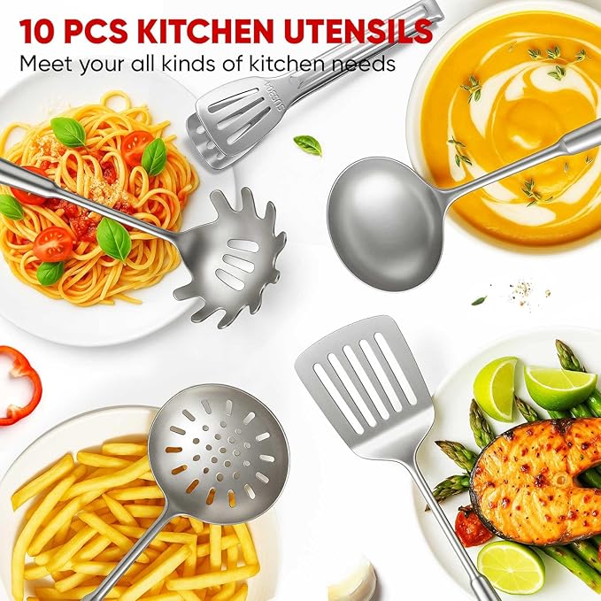 Newness 11 Pcs Cooking Utensils Set, 304 Stainless Steel Kitchen Utensils Set, Metal Kitchen Accessories, Include Soup Ladle, Slotted Skimmer Spoon, Spaghetti Spoon and Spatula, Dishwasher Safe