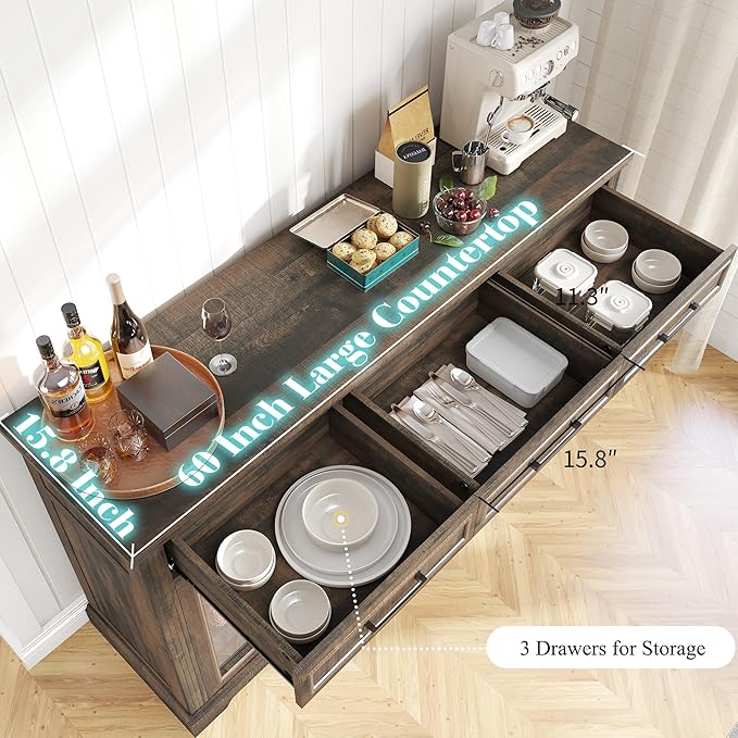 60" Farmhouse Coffee Bar Cabinet with Beverage Fridge (Included), Wine Bar Cabinet with Drawer Storage, Mini Fridge Cabinet, Sideboard Cabinet for Dining Room, Living Room-Brown