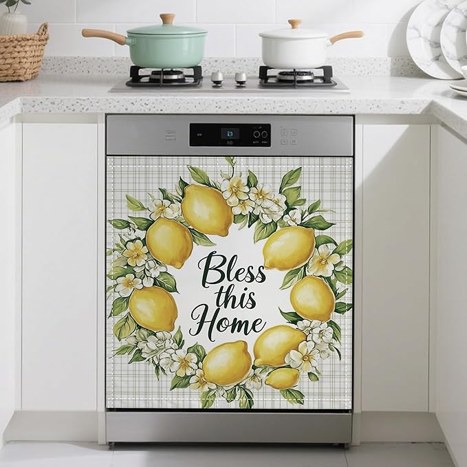 Lemons Magnetic Dishwasher Cover,Floral Dishwasher Covers for The Front Magnetic Dishwasher Panel Decal Cover for Kitchen 23x26inch