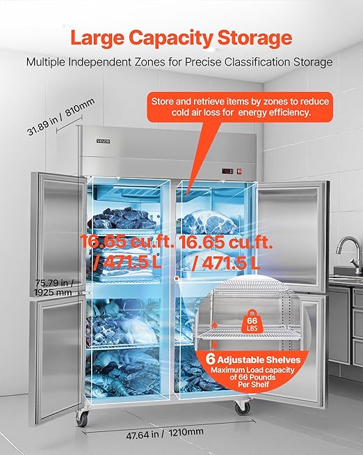 VEVOR Commercial Reach-In Freezer, 48" W, 33 Cu.Ft Stainless Steel Upright Freezer, with 4 Doors, Auto-Defrost, 6 Adjustable Shelves, -11 to 14℉ Temp Control, UL Certified