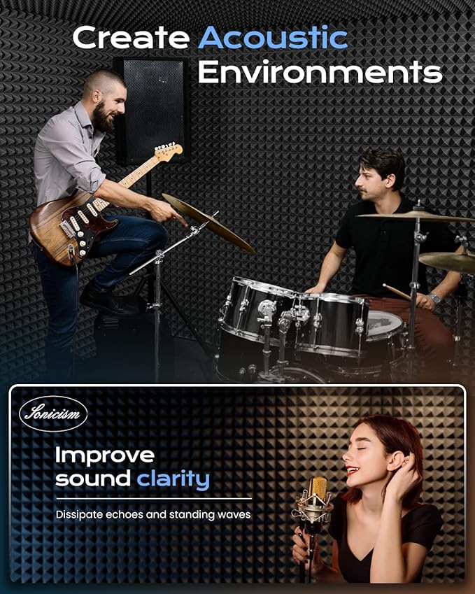 Sonicism Sound Proof Foam Panels for Walls Self-Adhesive 72 Pack Pyramid 1"X 12"X 12" Acoustic Panels 35kg/m³High Density,Soundproof Wall Panels Fast Expand,Sound Absorption and Decoration,Black