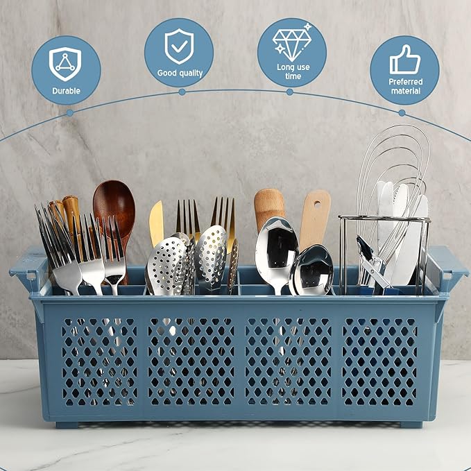Maxdot 16inch Dishwasher Silverware Cutlery Basket 8 Compartments Washing Basket with Handle Utensil Holder Silverware Drying Rack for Kitchen Commercial (Blue)