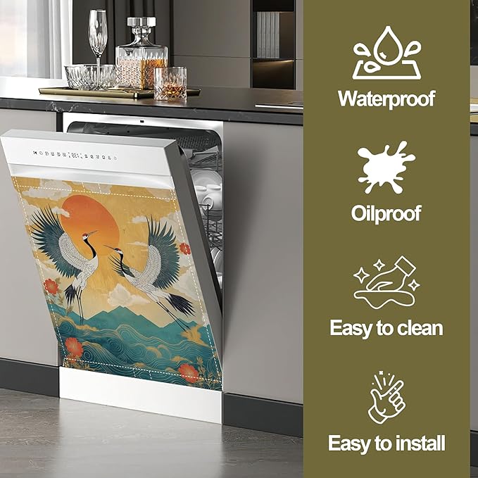 Dishwasher Magnet Cover,Two Cranes Dishwasher Cover Magnetic Sea Waves Home Appliances Refrigerator Decorative 23" x 26"