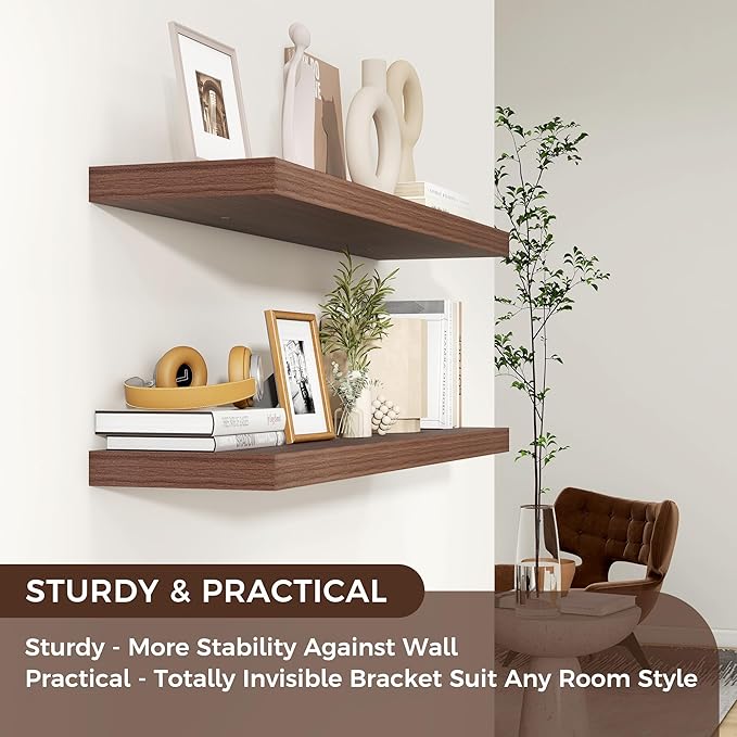 Floating Shelves for Wall 36"W x 7.8"D x 1.5"H, Engineered Wood Wall Shelves with Invisible Brackets for Living Room Bedroom Bathroom Office Kitchen Decor and Storage, Walnut Finish, Set of 2