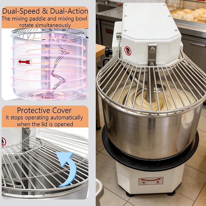TECHTONGDA 20L Commercial Dough Mixer Machine with Removable Bowl & Timer, Double-speed Double-action Dough Kneading Machine, 110V Stainless Steel Stand Spiral Mixer for Restaurant Bakery Pizzeria ﻿