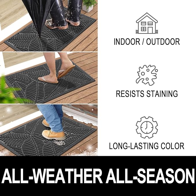 Colorxy Waterproof Doormat, Sturdy Natural Rubber Front Indoor Mat, Non Slip Low Profile Outdoor Door Mat, Stain and Fade Resistant Floor Mats, Easy Clean Patio Entry Mat, 59''x36'', Light Grey